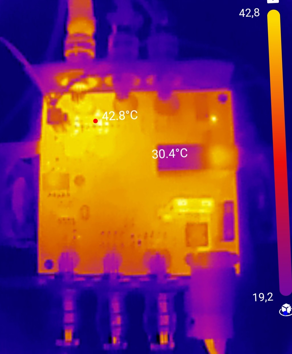 Stress test on PDU V1 — 1 hour at 130 % expected load current, ΔT ≃ +23 K